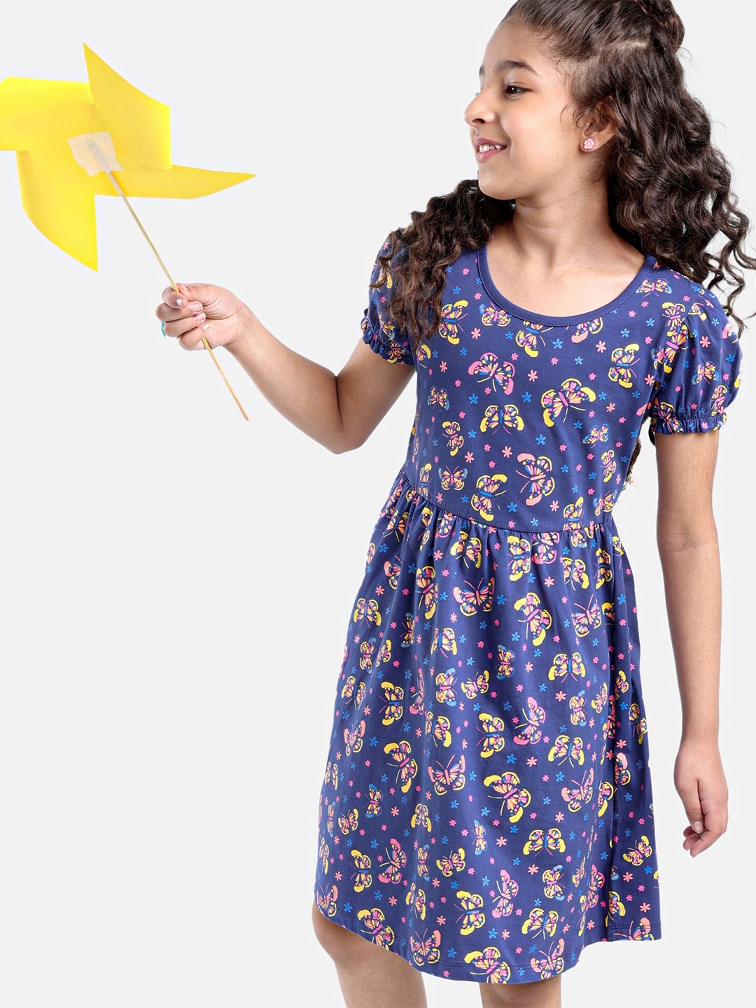 

Hola Bonita Girls Butterfly Printed Pure Cotton A-Line Dress, Navy blue