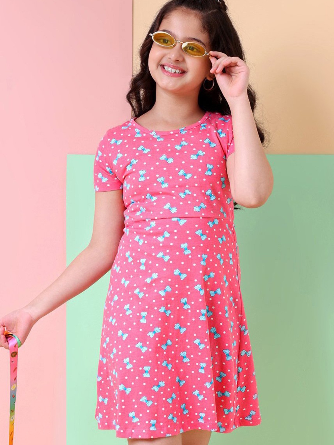 

Hola Bonita Girls Bow Printed Pure Cotton A-Line Dress, Fuchsia