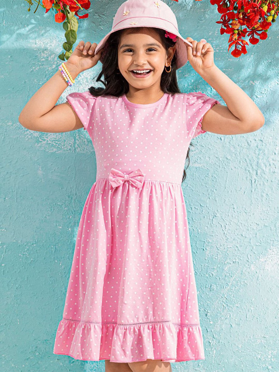 

Hola Bonita Girls Polka Dots Printed Puffed Sleeves Ruffled Pure Cotton Fit & Flare Dress, Pink
