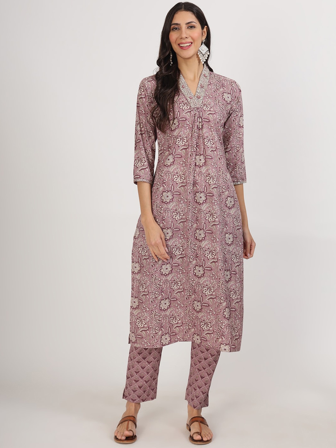 

KALINI Floral Printed Pleated Pure Cotton Kurta with Trousers & Dupatta, Purple