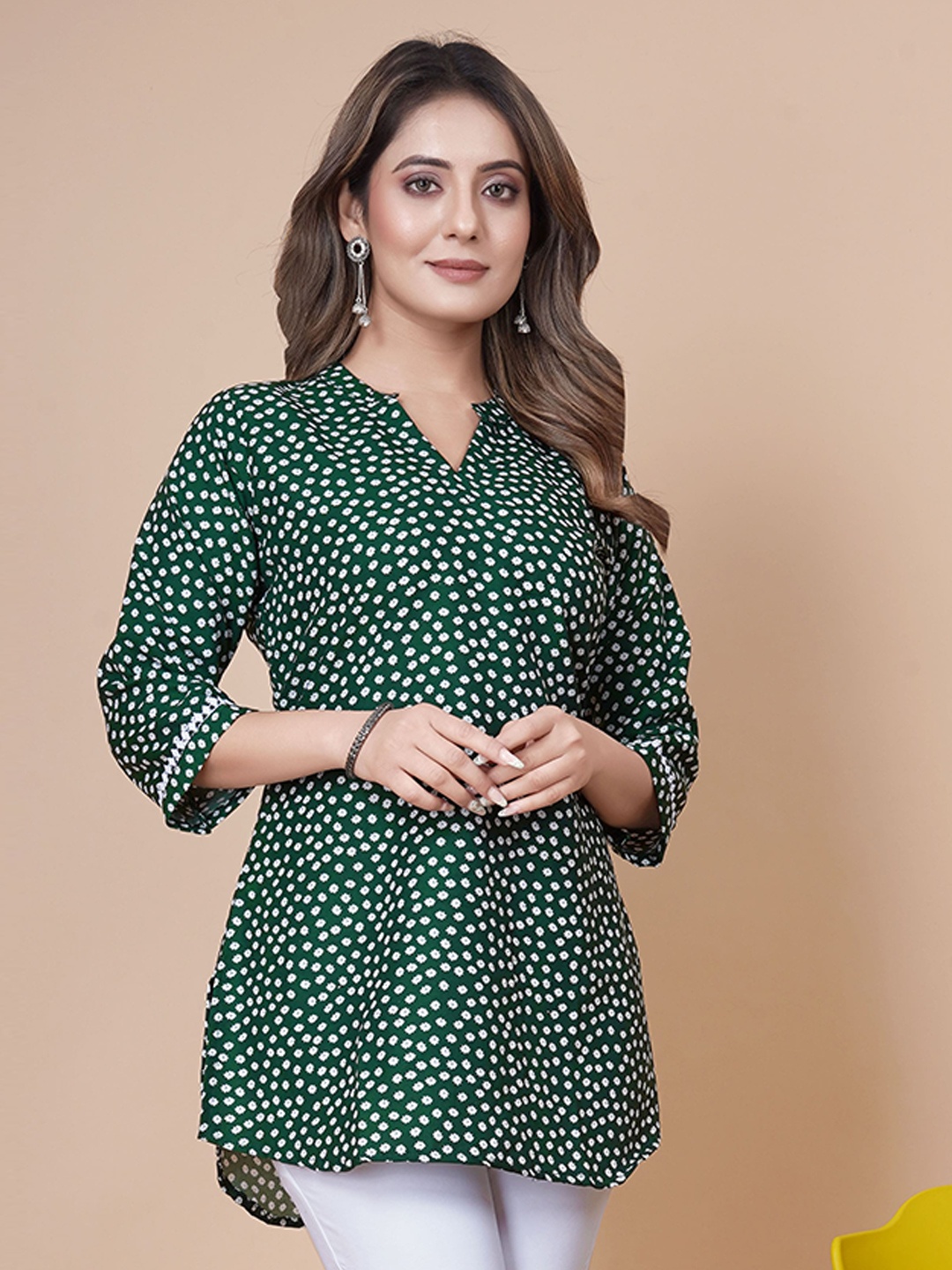 

PRANSHUL APPARELS Polka Dot Printed Mandarin Collar Bell Sleeves Longline Top, Lime green