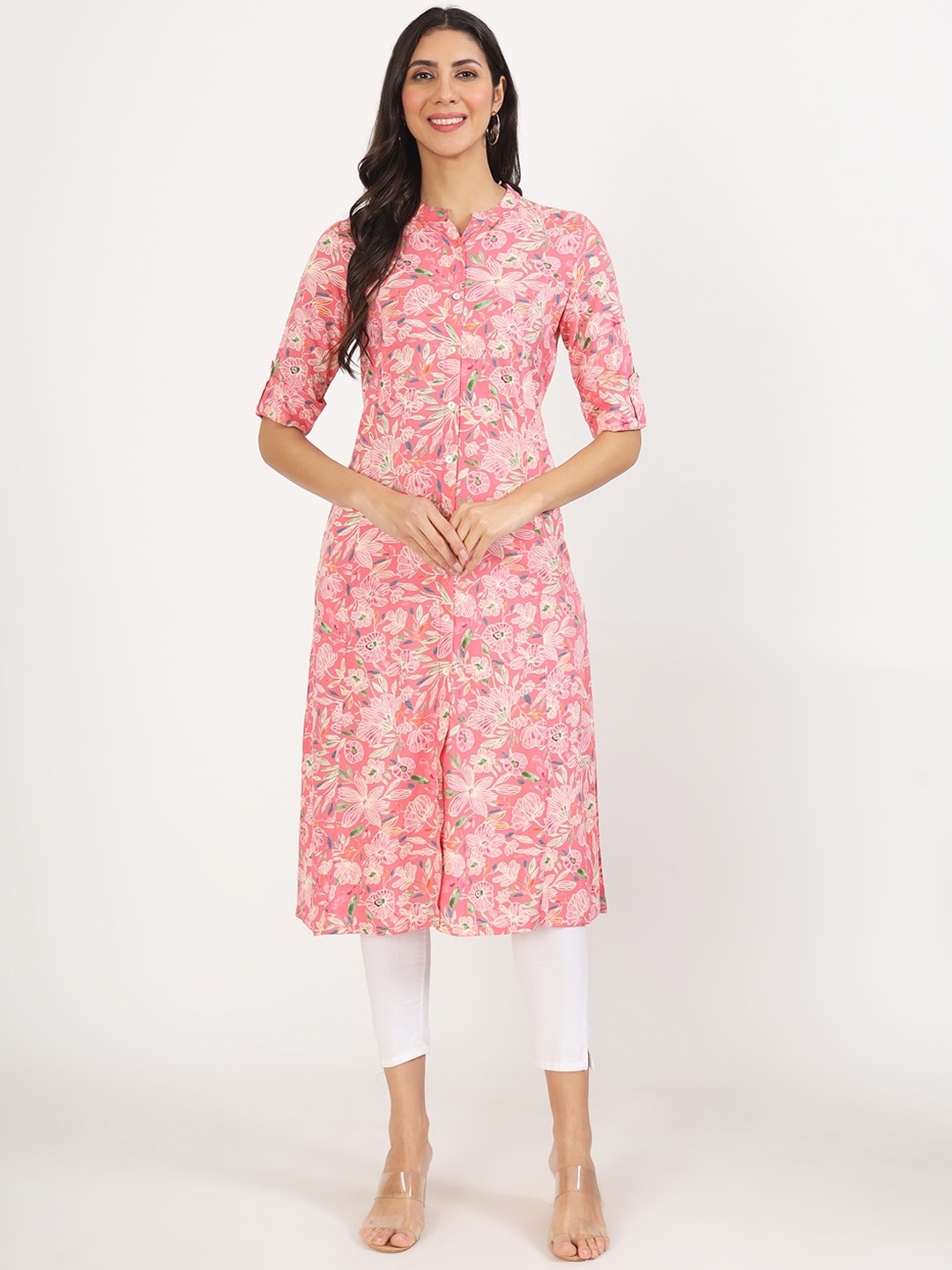 

KALINI Floral Printed Mandarin Collar Roll-Up Sleeves Straight Kurta, Pink