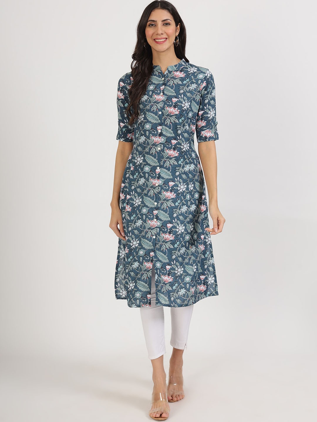 

KALINI Floral Printed Mandarin Collar Roll-Up Sleeves Straight Kurta, Blue