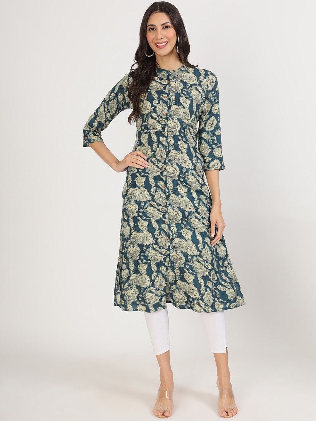 KALINI Floral Printed Mandarin Collar A-Line Kurta, Navy blue