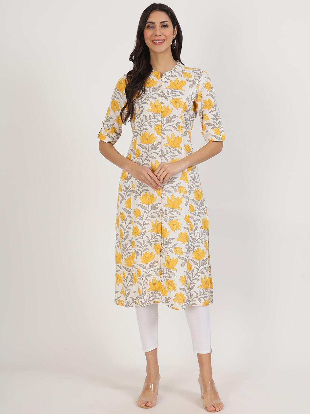 

KALINI Floral Printed Mandarin Collar Roll-Up Sleeves Straight Kurta, Yellow