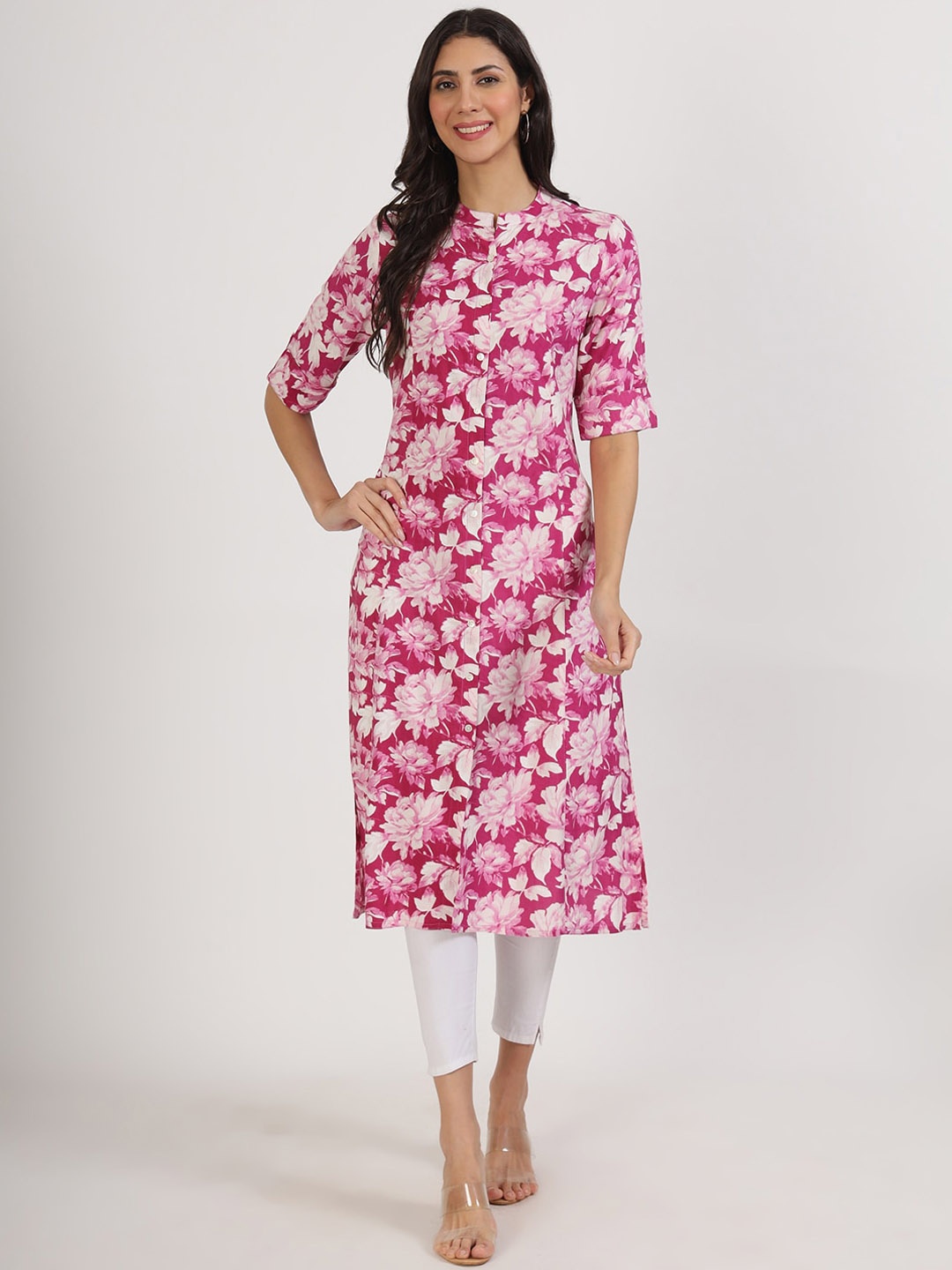 

KALINI Floral Printed Mandarin Collar Roll-Up Sleeves Straight Kurta, Purple
