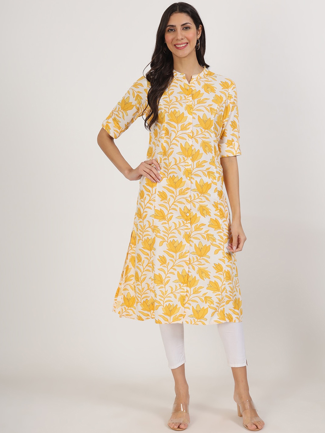 

KALINI Floral Printed Mandarin Collar Roll-Up Sleeves Straight Kurta, Yellow