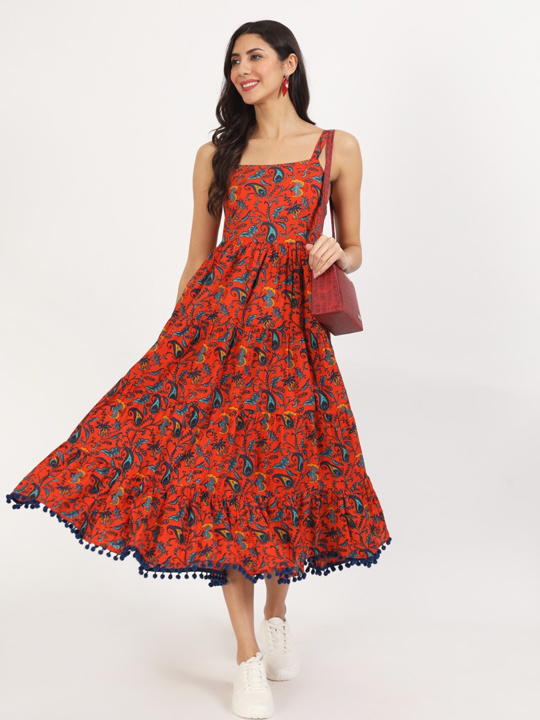 

KALINI Floral Printed with Pom-Pom Detail Fit & Flare Midi Dress, Red