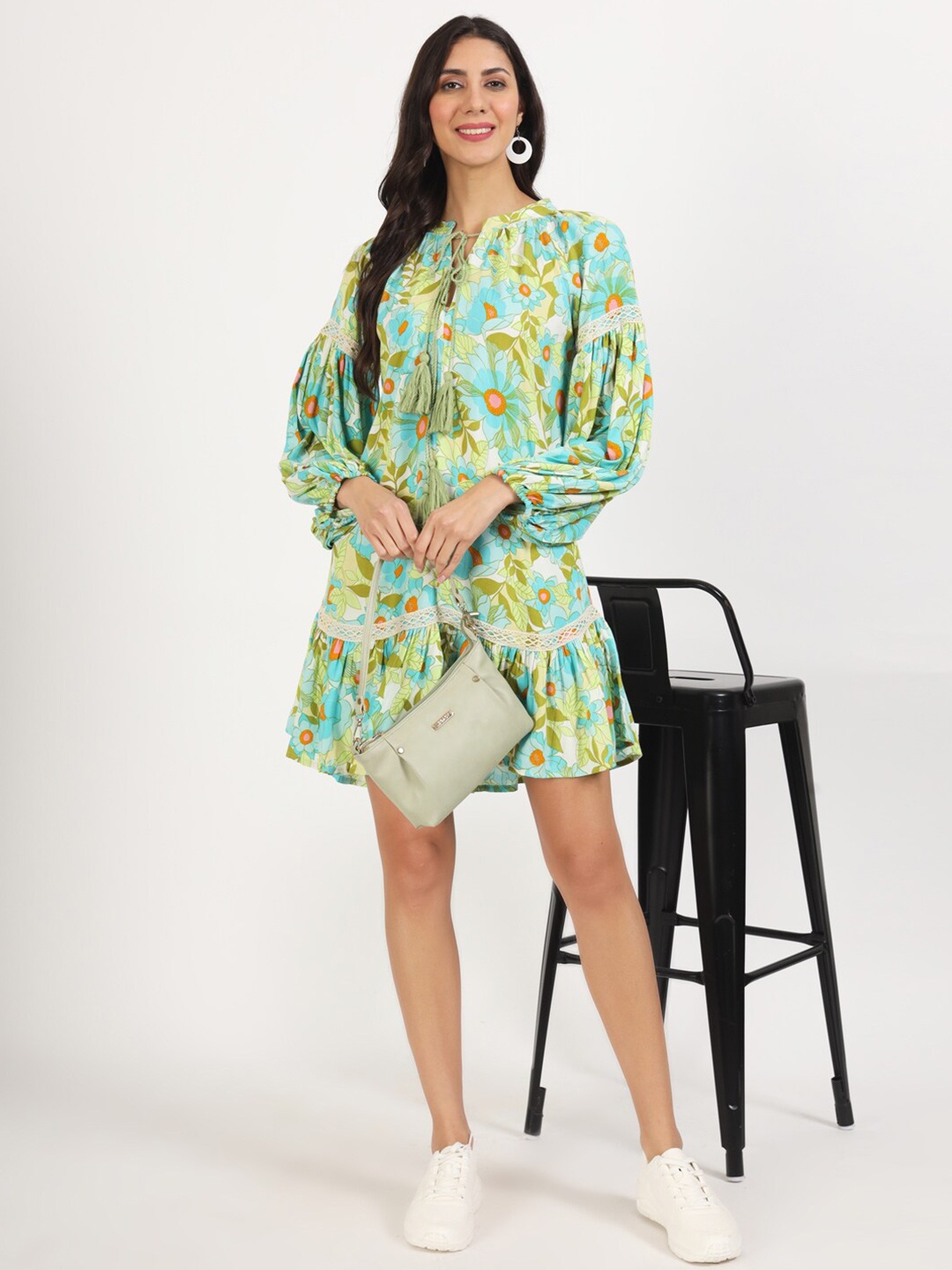 

KALINI Floral Printed Tie-Up Neck Puff Sleeve A-Line Dress, Green