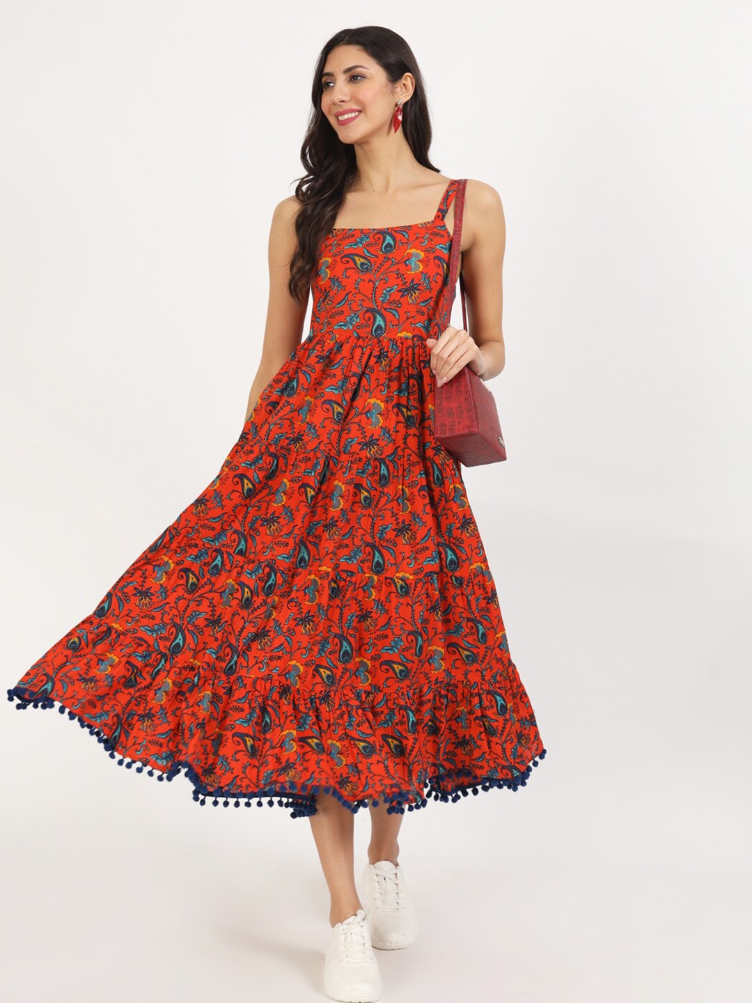 

KALINI Floral Print with Pom-Pom Detail Fit & Flare Midi Dress, Red