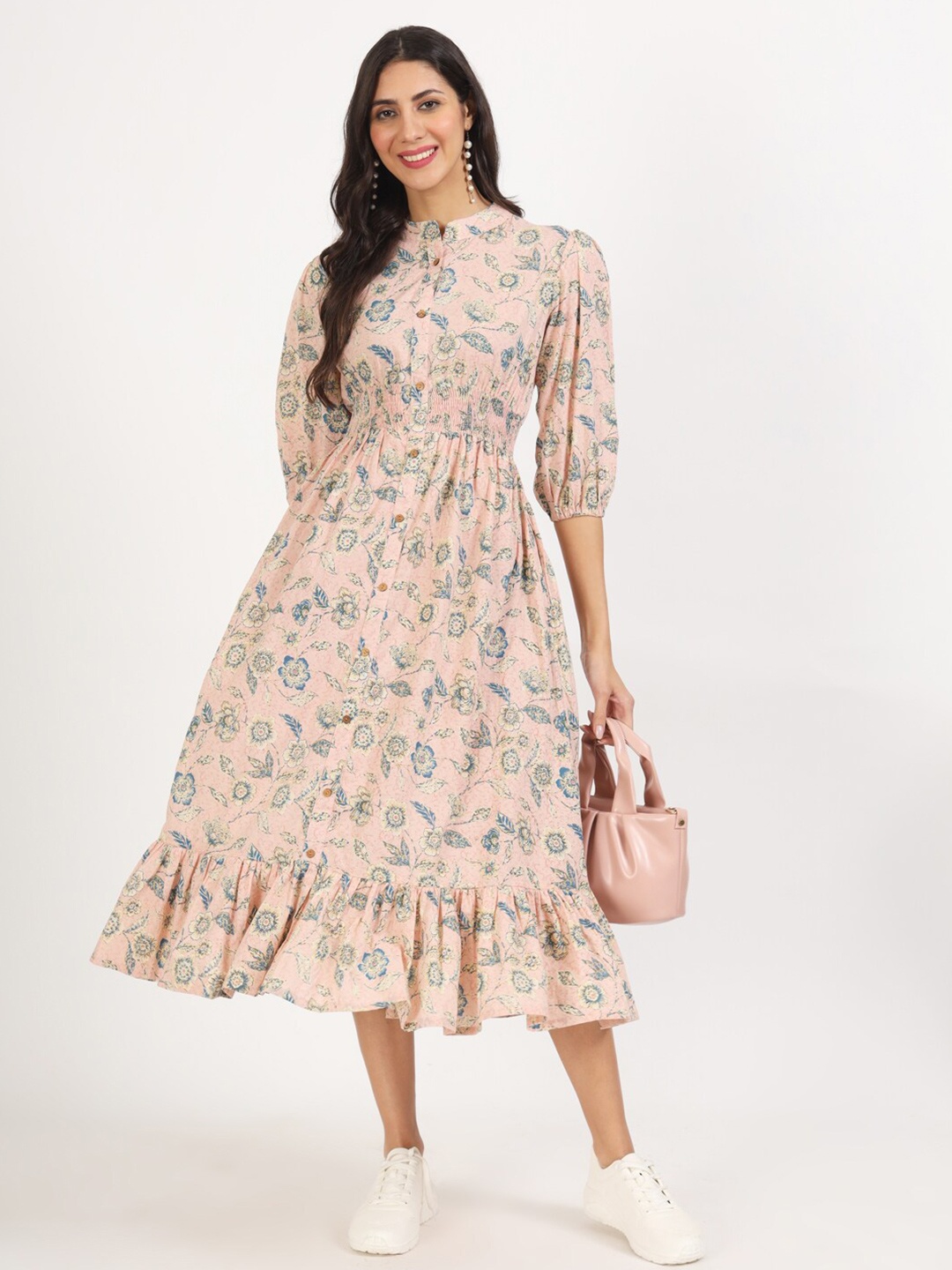 

KALINI Floral Printed Puff Sleeve Fit & Flare Midi Dress, Pink