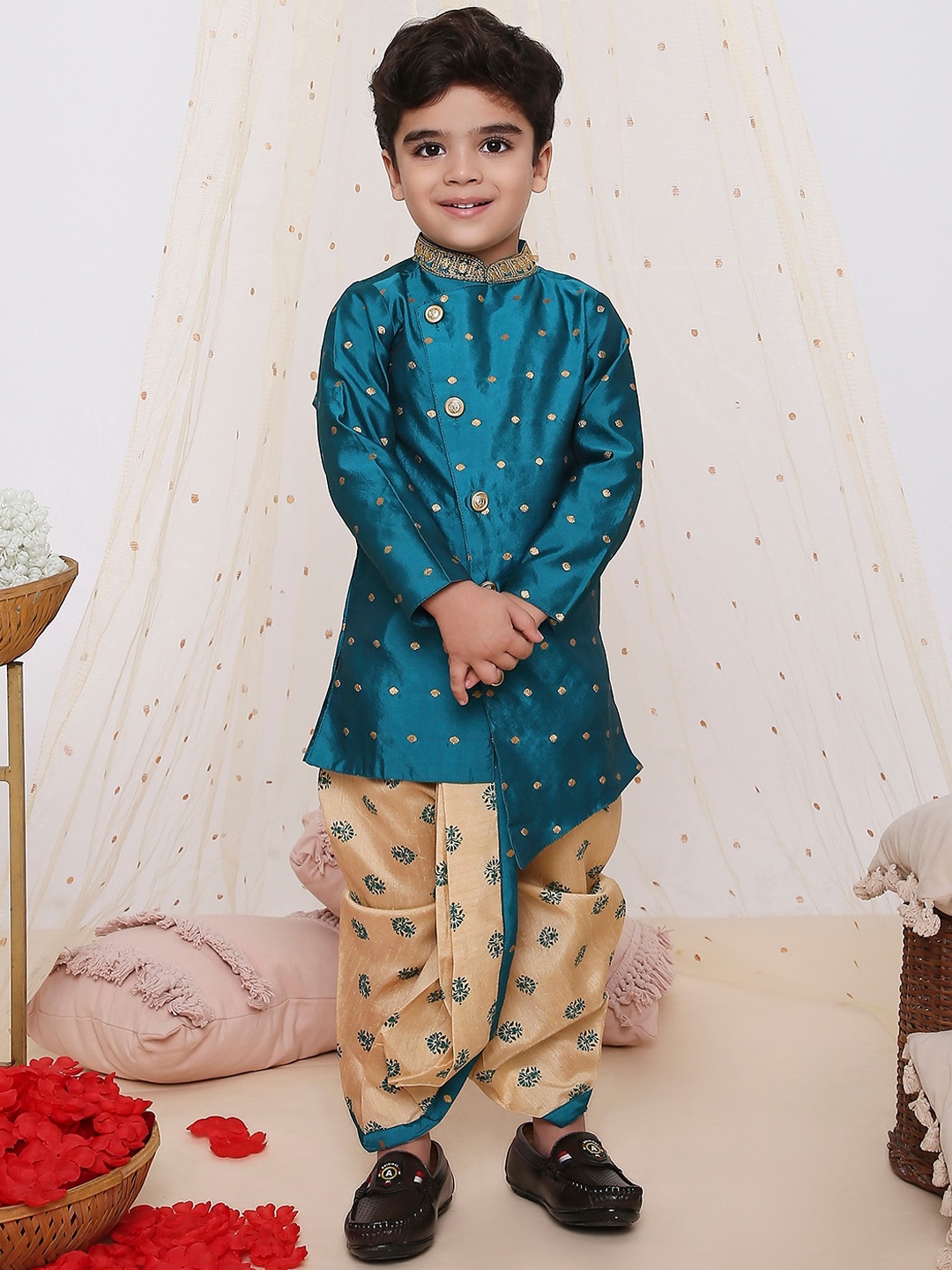 

KID1 Boys Printed Mandarin Collar Sherwani Set, Green