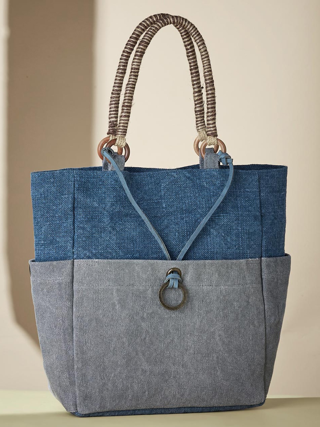 

Fabindia Colourblocked Structured Tote Bag, Blue