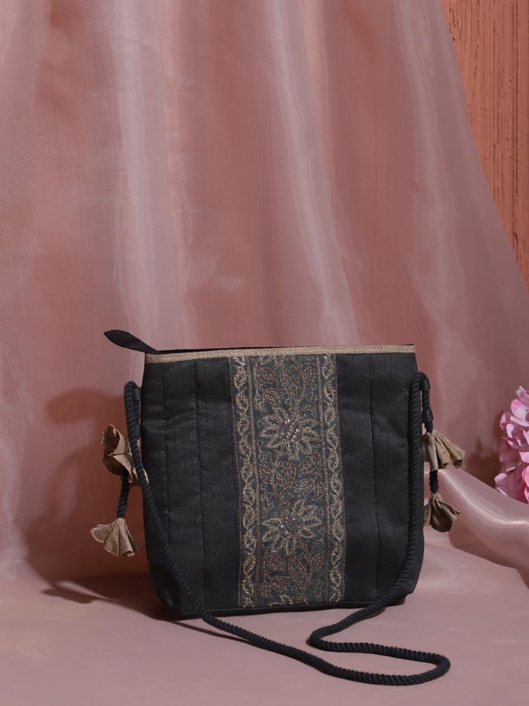 

Fabindia Embroidered Structured Sling Bag, Black