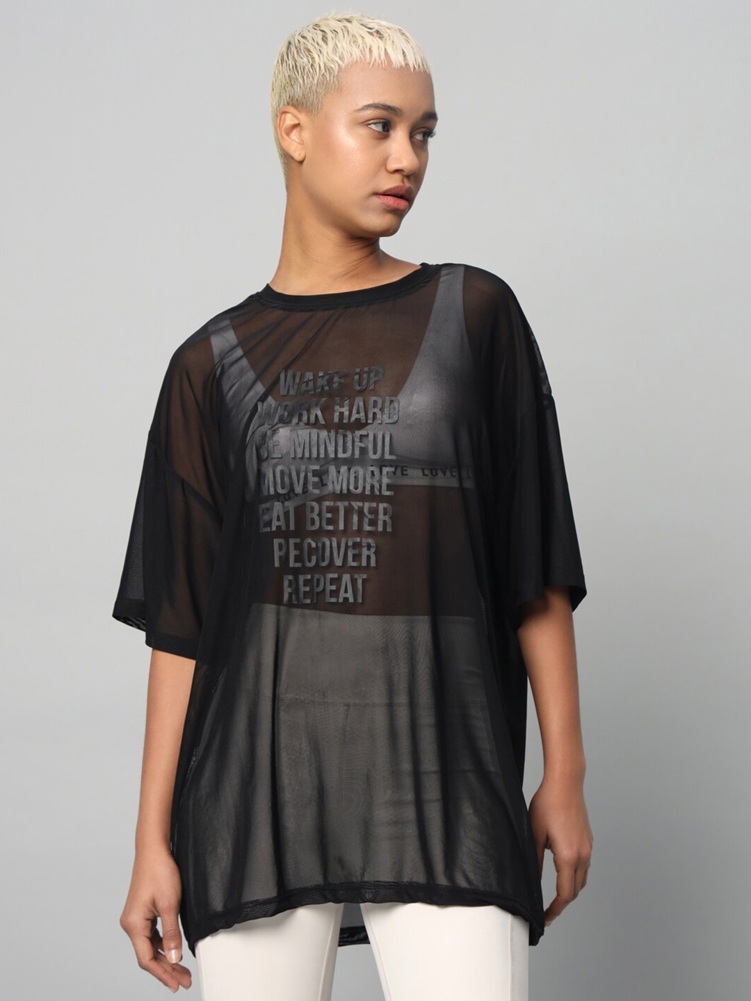 

MKH Typography Printed Drop-Shoulder Sleeves Dri-FIT Relaxed Fit Sports T-shirt, Black