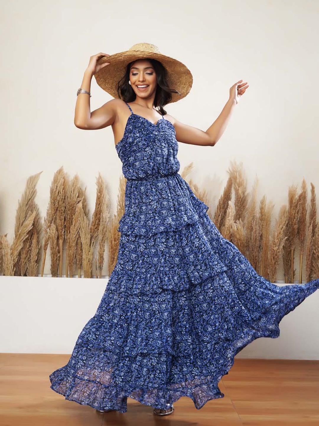 

Salvia Sky Floral Print Shoulder Straps Georgette Maxi Dress, Blue