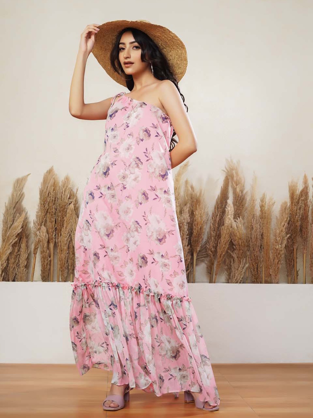 

Salvia Sky Floral Printed One Shoulder Gathered Georgette Maxi Dress, Pink