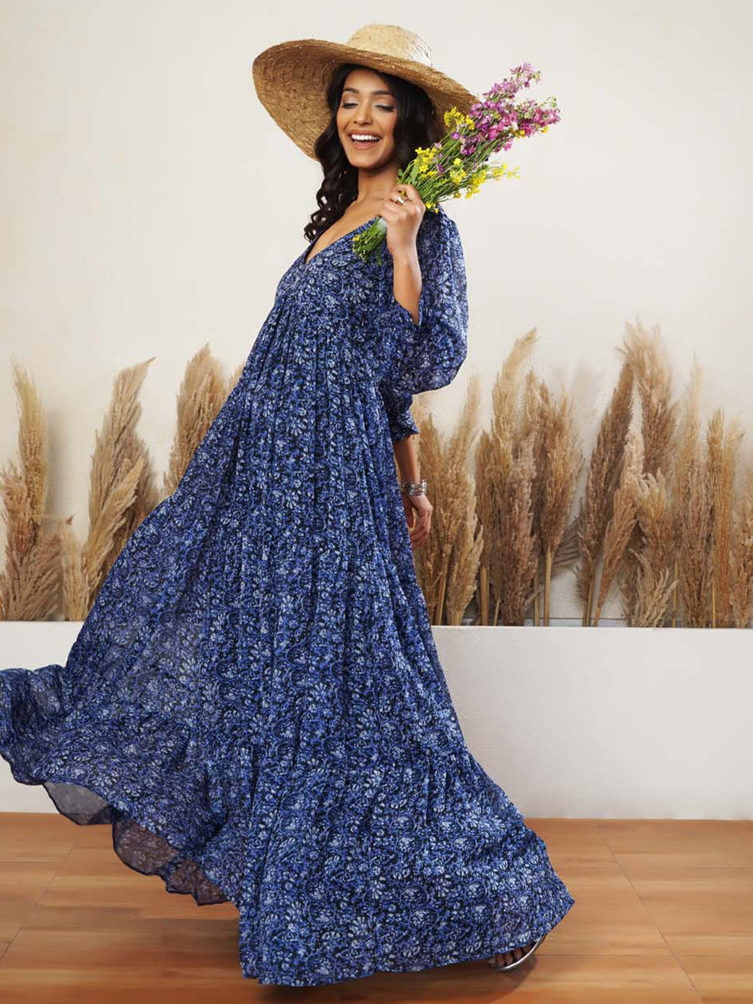 

Salvia Sky Floral Print Cuffed Sleeves Georgette Tiered Maxi Dress, Blue