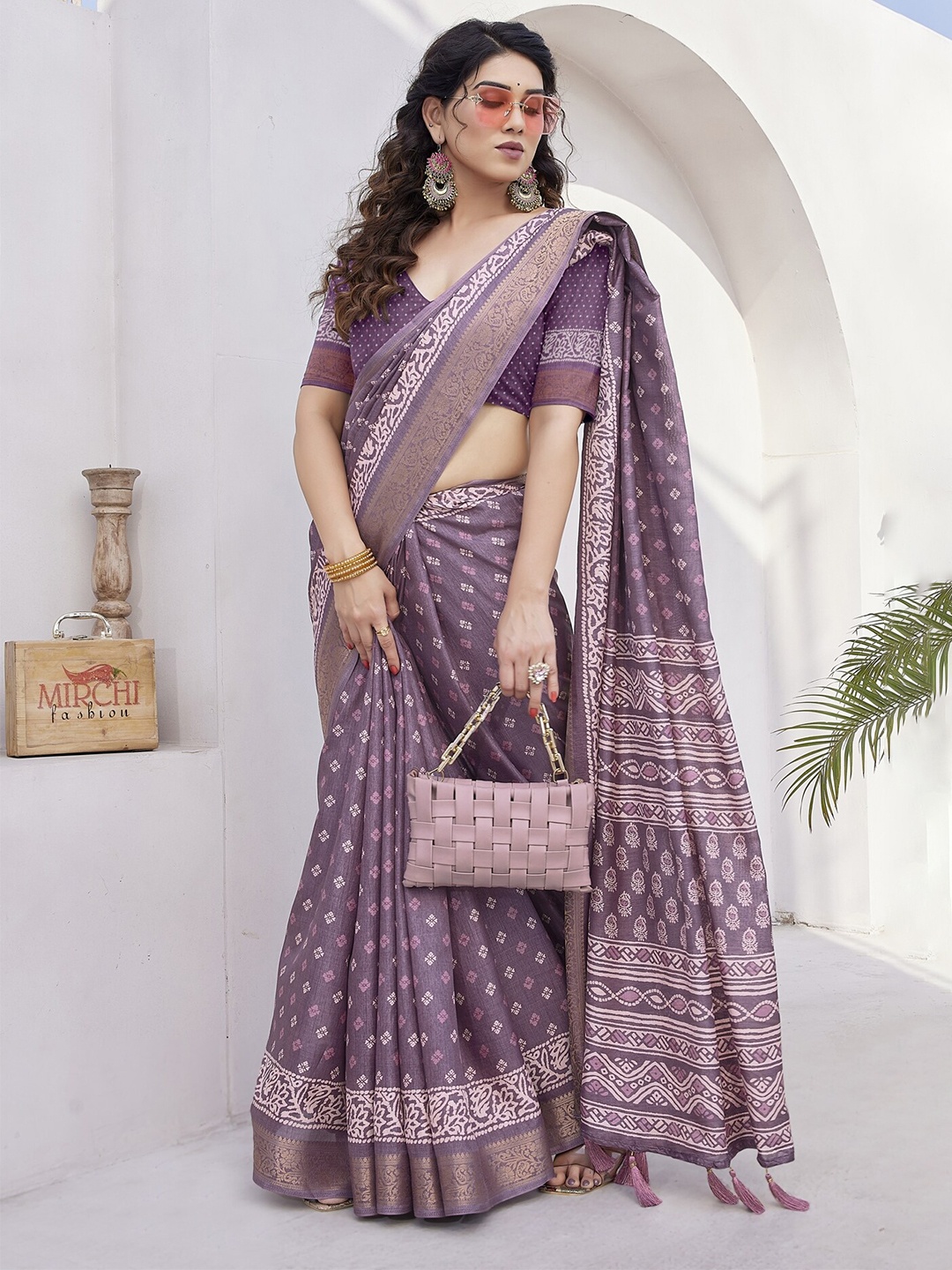 

MIRCHI FASHION Batik Zari Block Print Saree, Purple