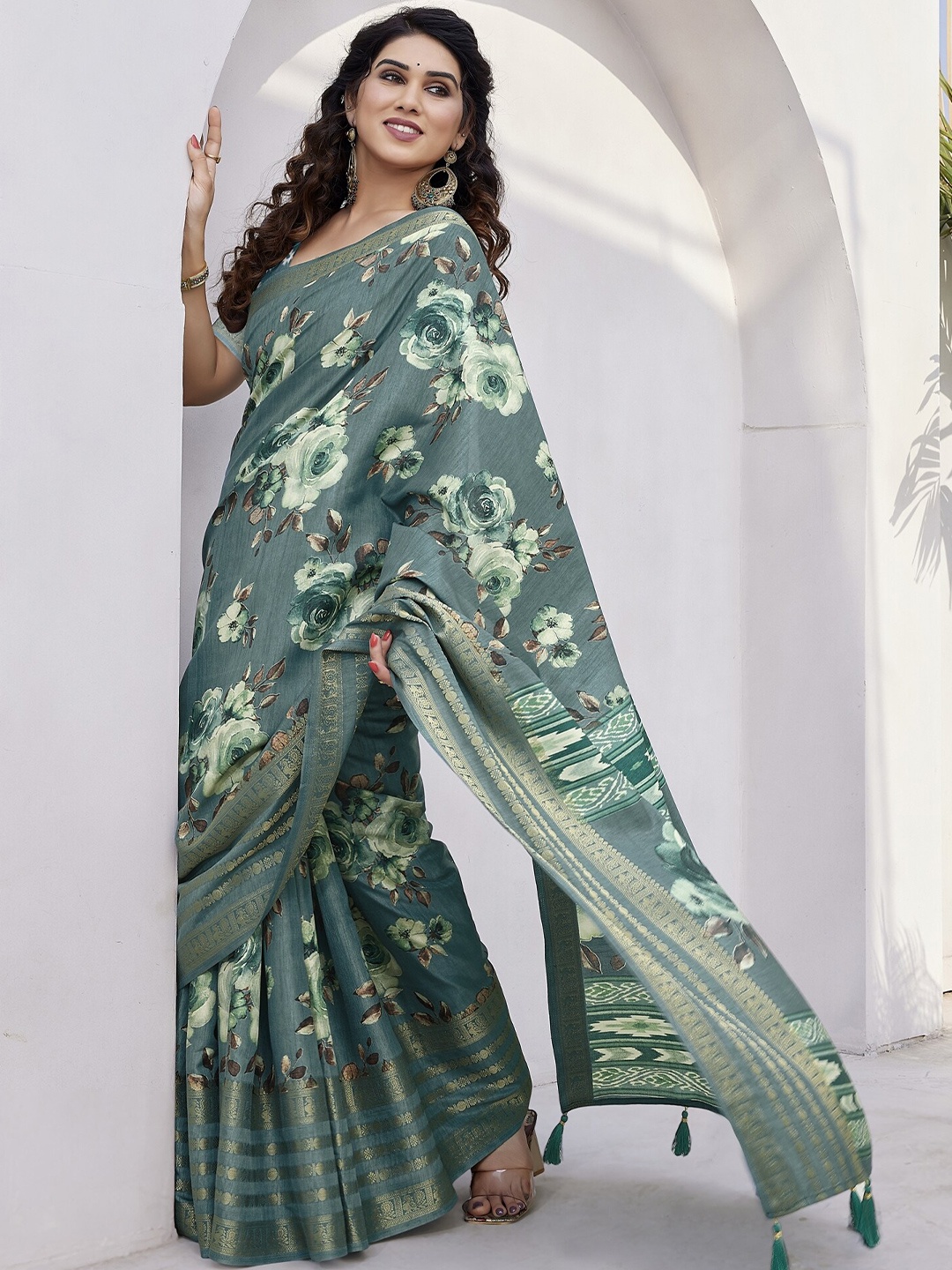 

MIRCHI FASHION Floral Printed Zari Saree, Green
