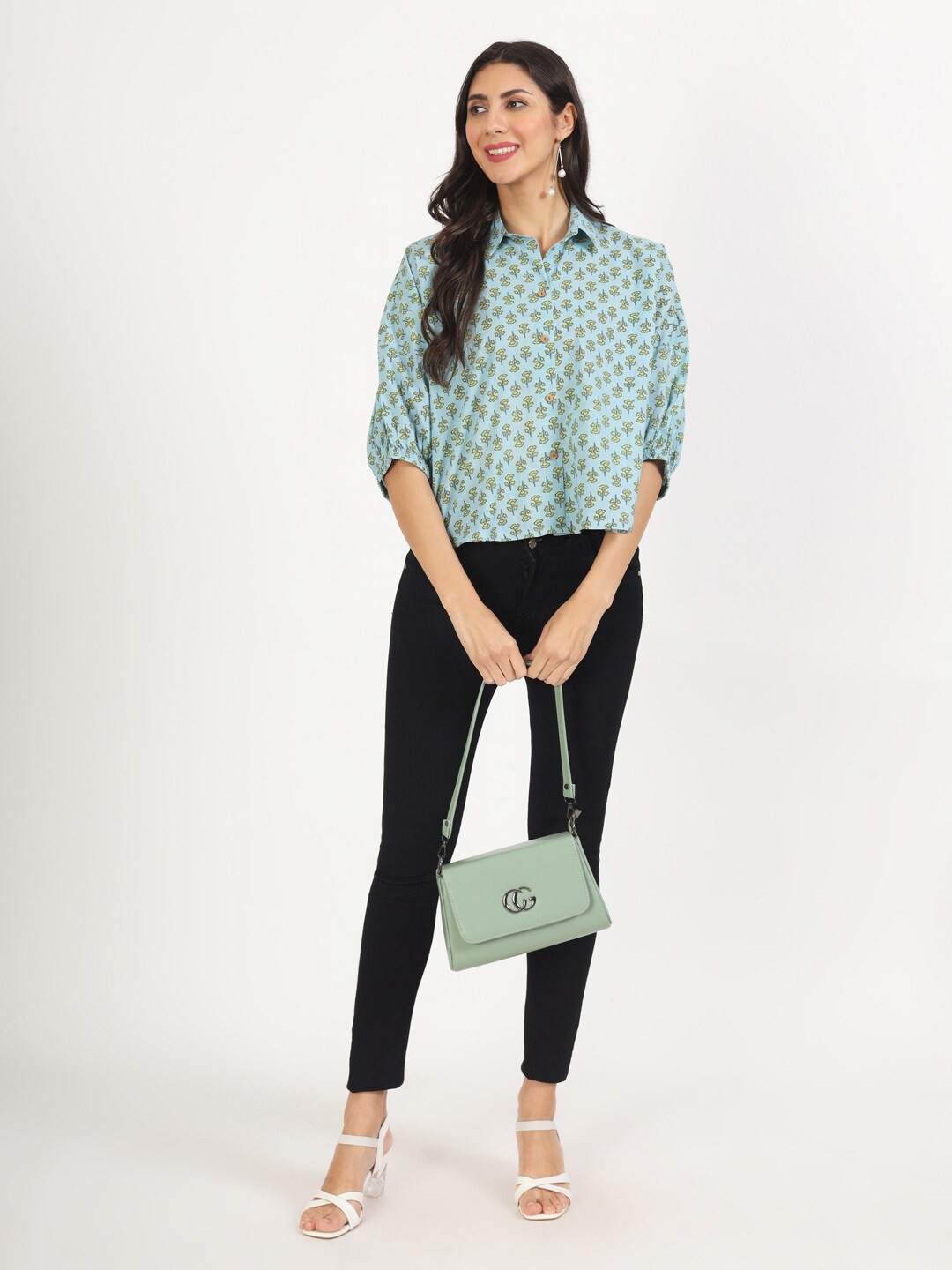 

KALINI Floral Printed Cuffed Sleeves Cotton Shirt Style Top, Turquoise blue