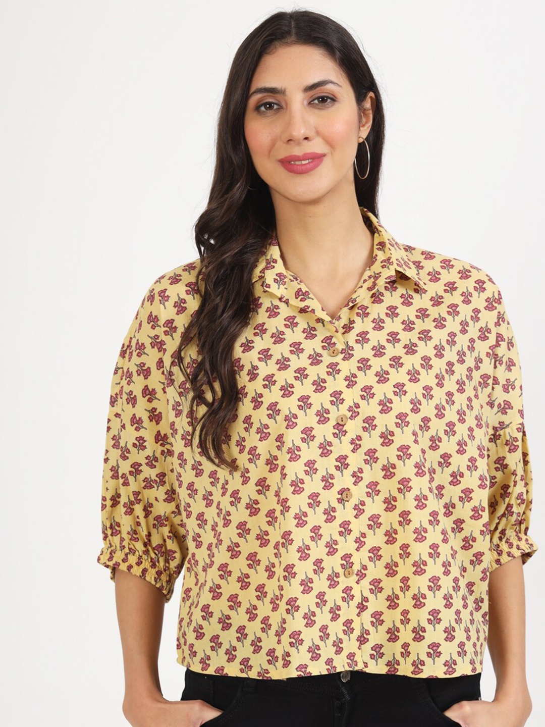 

KALINI Floral Printed Cuffed Sleeves Cotton Shirt Style Top, Beige