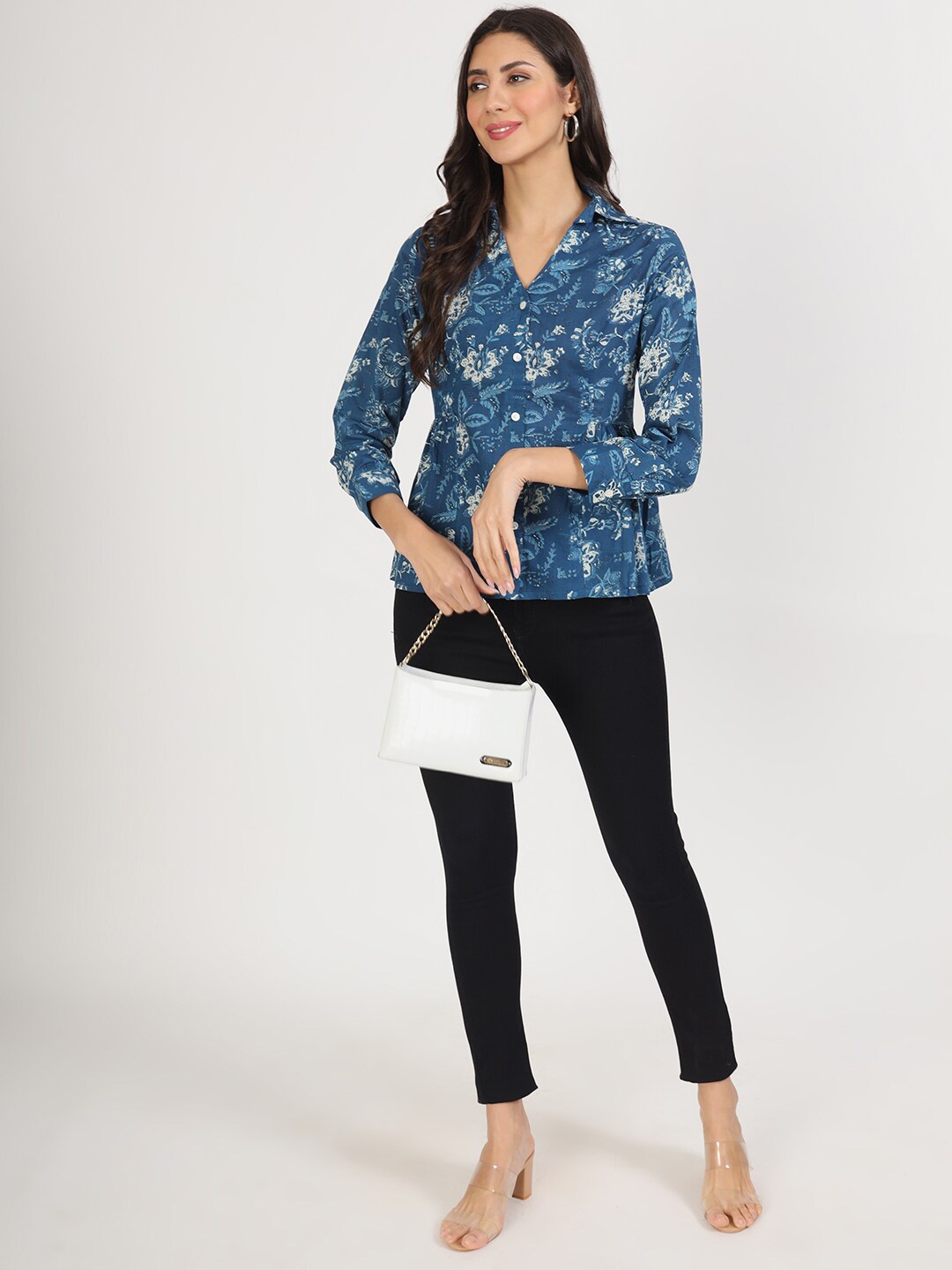 

KALINI Floral Printed Cuffed Sleeves Cotton Shirt Style Top, Blue