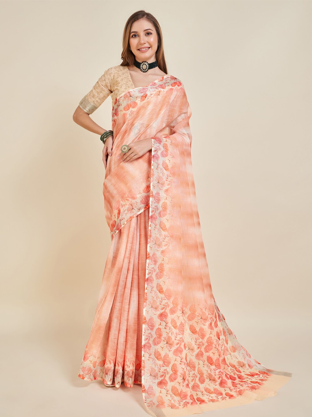 

SANGAM PRINTS Tie and Dye Kanjeevaram Saree, Peach