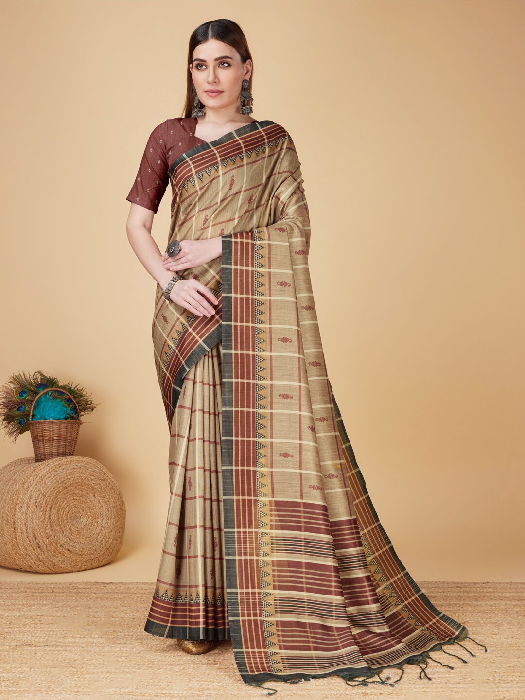 

SANGAM PRINTS Checked Cotton Silk Kanjeevaram Saree, Beige
