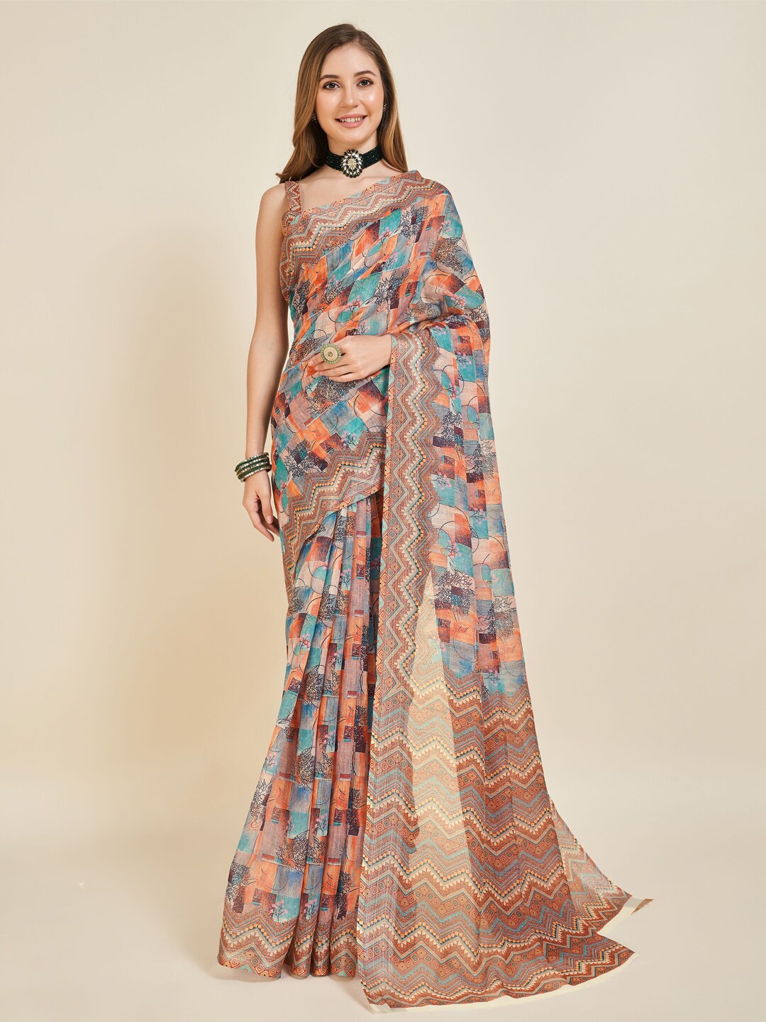 

SANGAM PRINTS Printed Kanjeevaram Saree, Beige