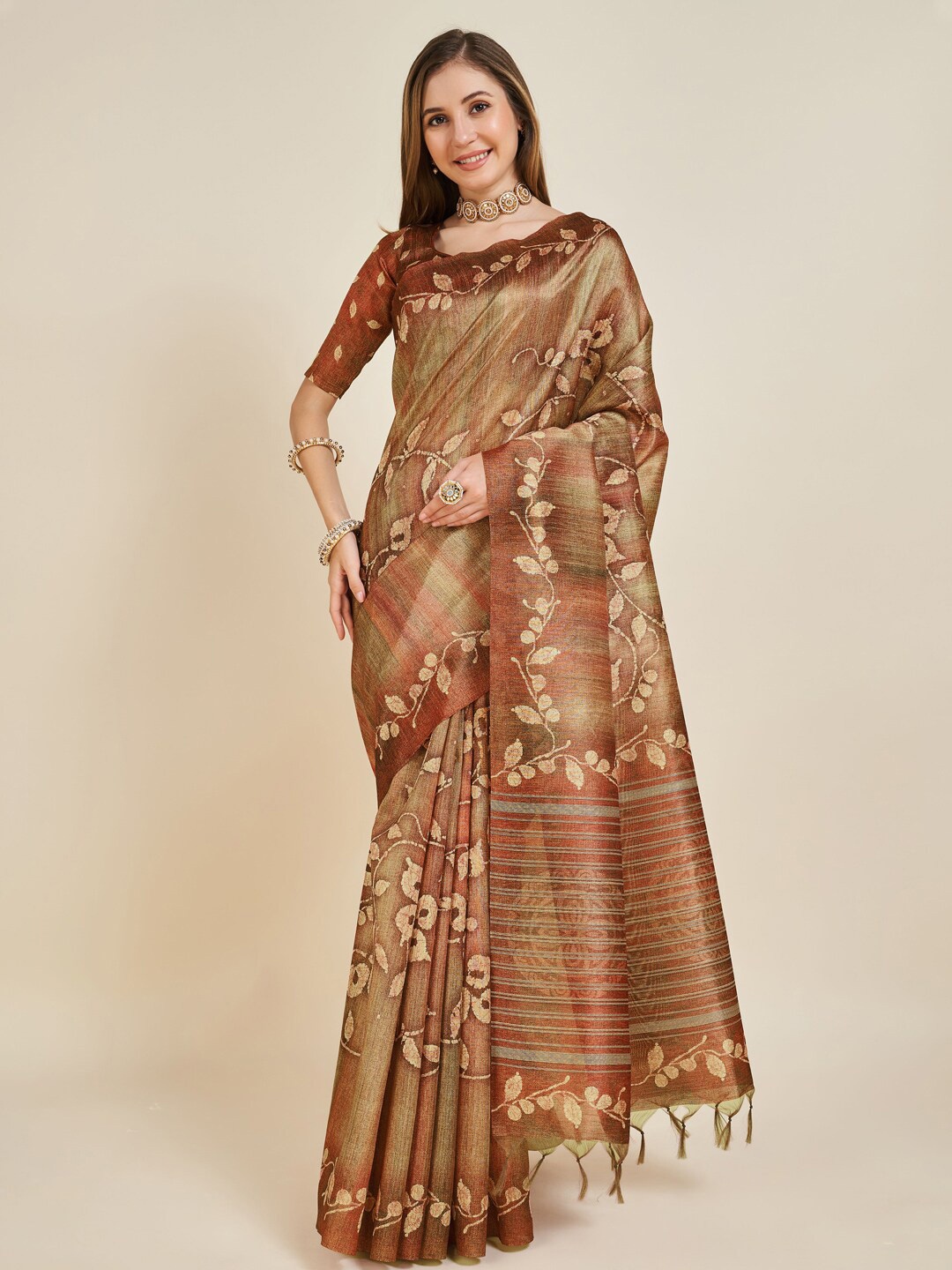 

SANGAM PRINTS Ethnic Motifs Printed Kanjeevaram Saree, Rust