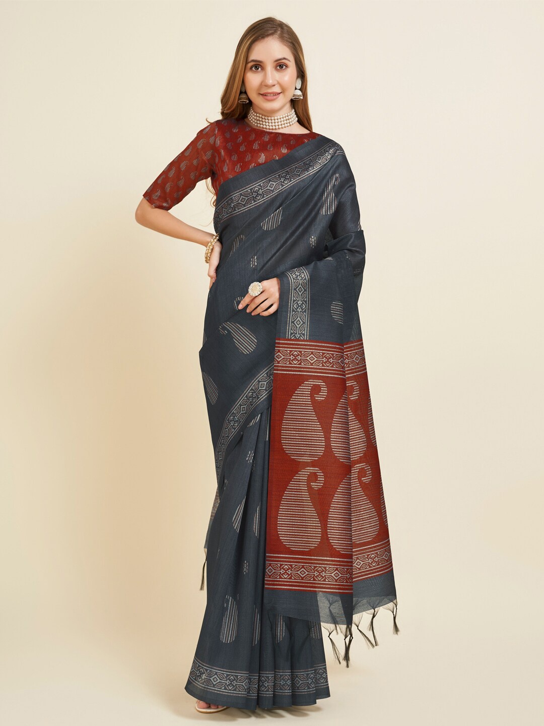 

SANGAM PRINTS Paisley Kanjeevaram Saree, Grey
