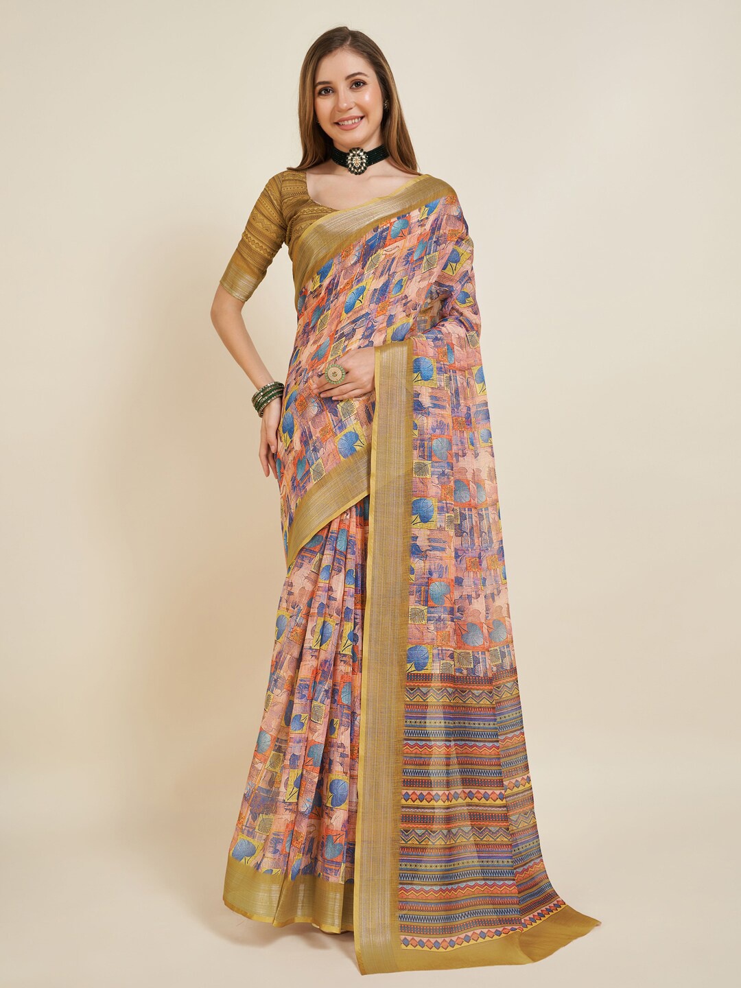 

SANGAM PRINTS Floral Printed Zari Kanjeevaram Saree, Peach