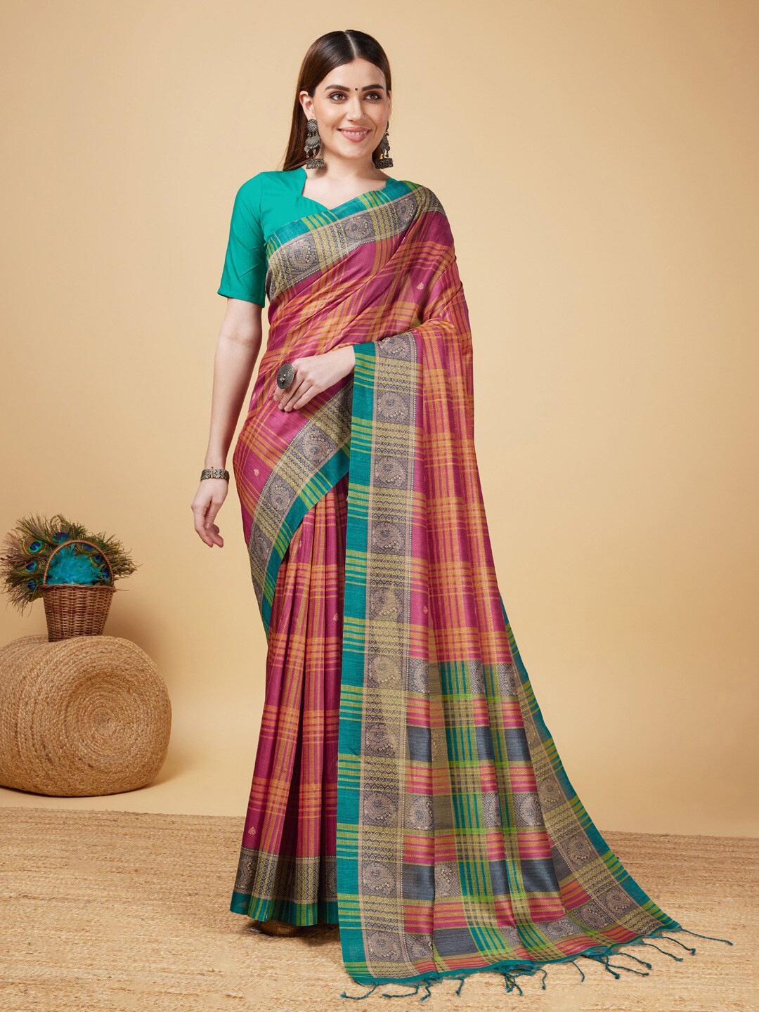 

SANGAM PRINTS Checked Kanjeevaram Saree, Peach