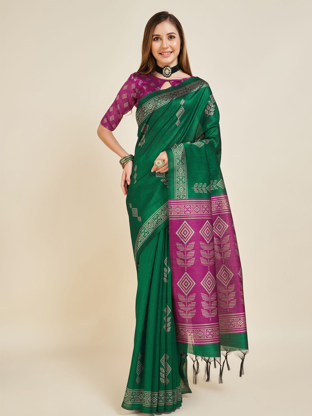 

SANGAM PRINTS Ethnic Motifs Printed Kanjeevaram Saree, Green