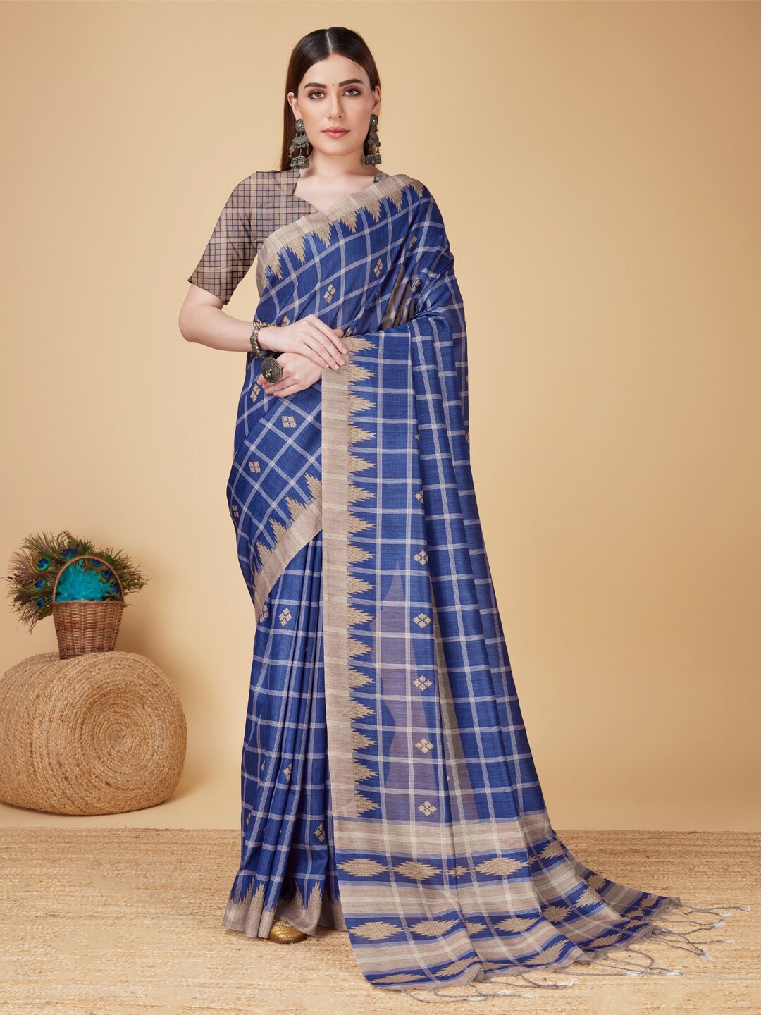 

SANGAM PRINTS Checked Kanjeevaram Saree, Blue