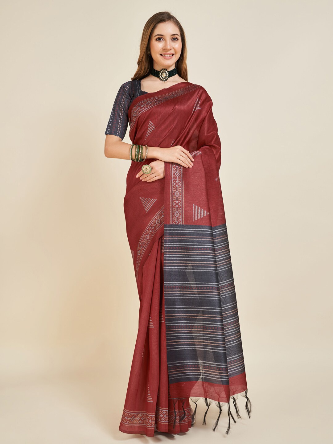 

SANGAM PRINTS Geometric Printed Kanjeevaram Saree, Maroon