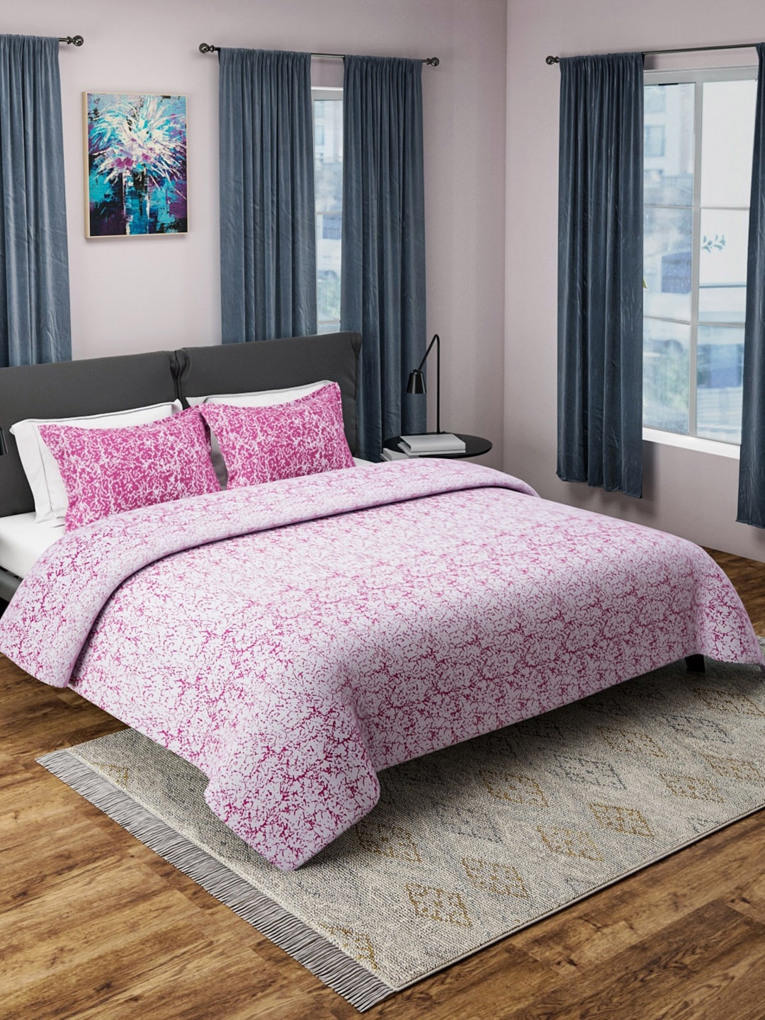 

Aura Pink Printed 120 TC Double Queen Bedding Set