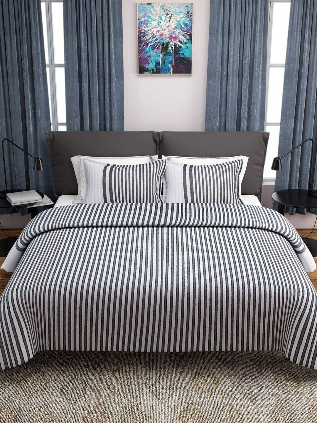 

Aura Grey & White Striped Woven Design 120 TC Cotton Double Queen Bedding Set