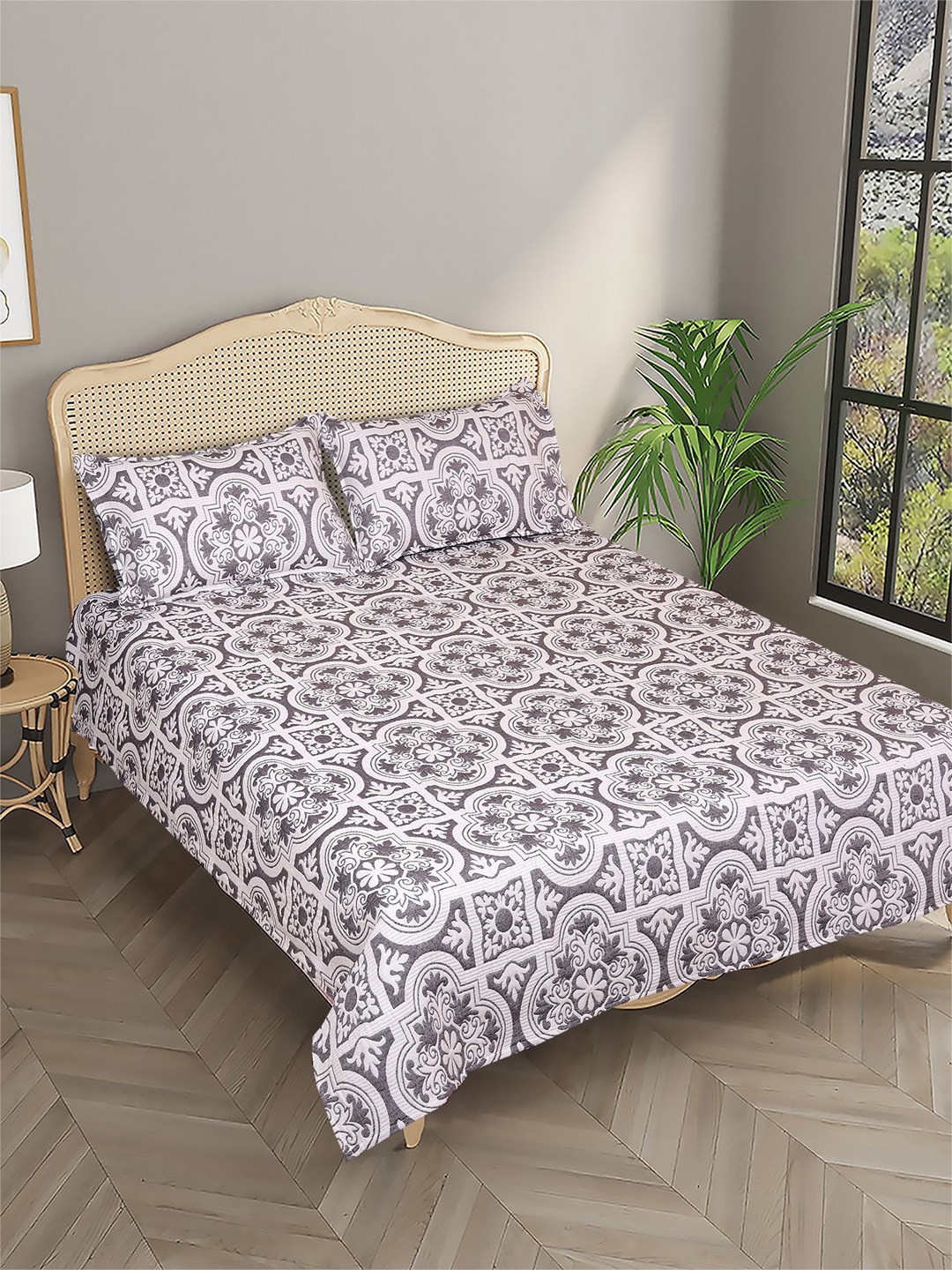 

Aura Grey Woven Design Reversible Double Queen Bed Cover With 2 Pillow Covers
