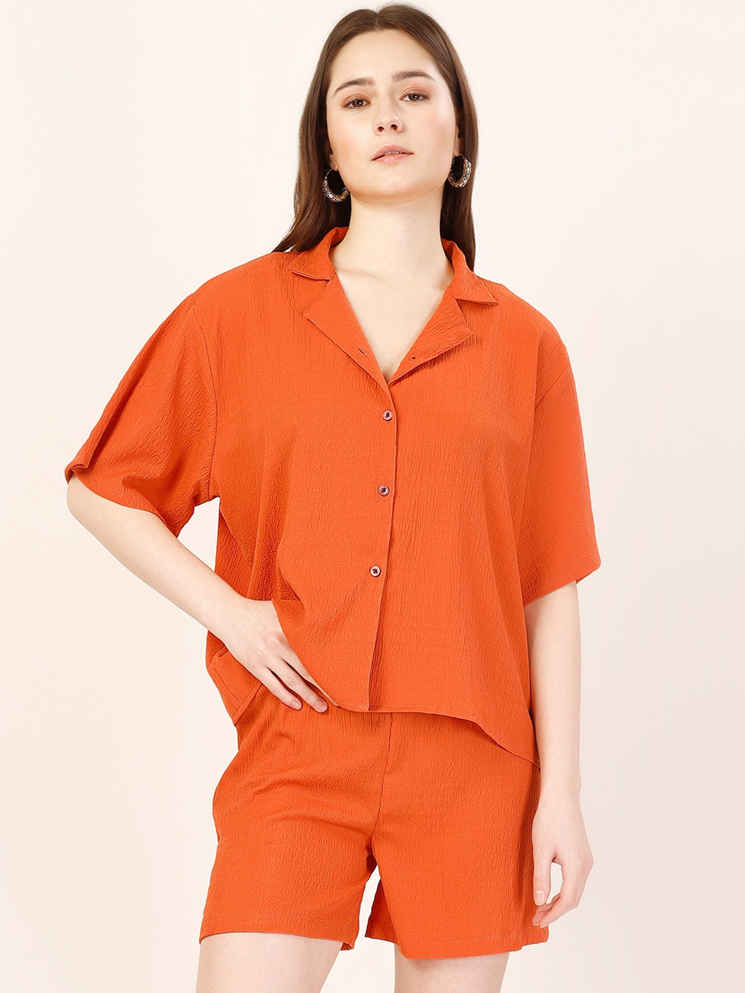 

Fashfun Lapel Collar Short Sleeves Shirt & Shorts, Orange