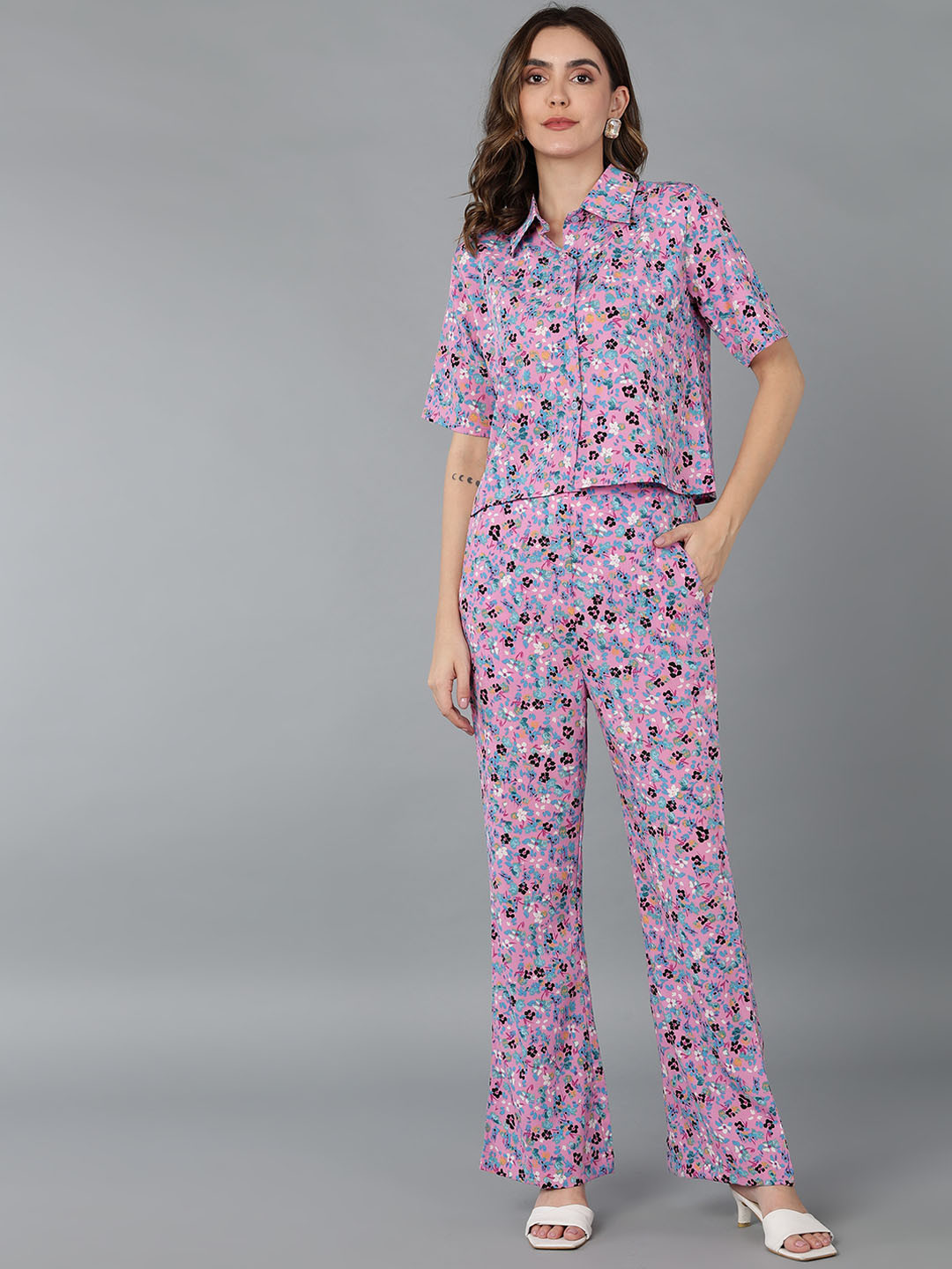 

Fashfun Printed Shirt Collar Shirt with Trousers, Pink