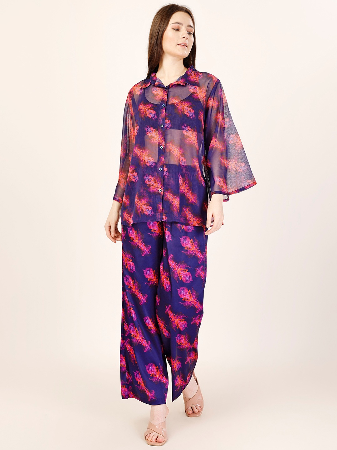 

Fashfun Printed Shirt Collar Shirt With Trousers, Purple