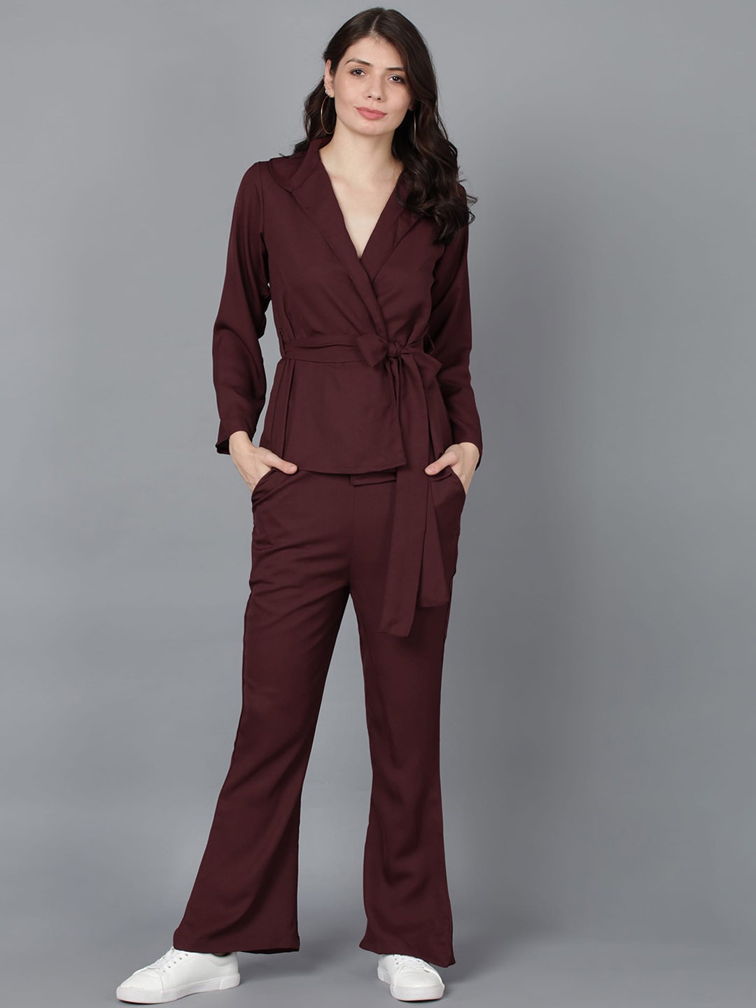 

Fashfun Lapel Collar Neck Top & Trackpants, Maroon