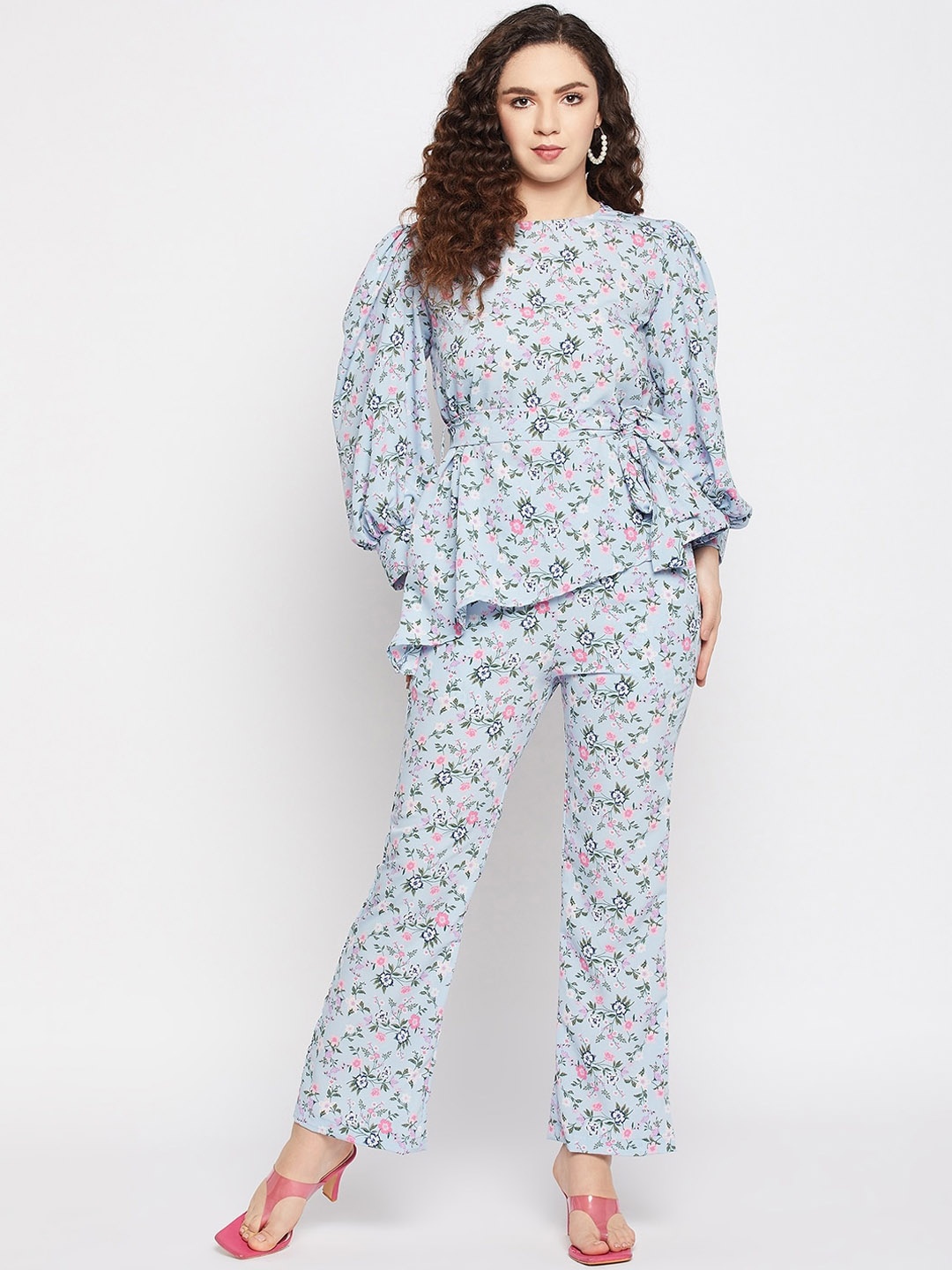 

Fashfun Printed Round Neck Top With Trousers, Blue