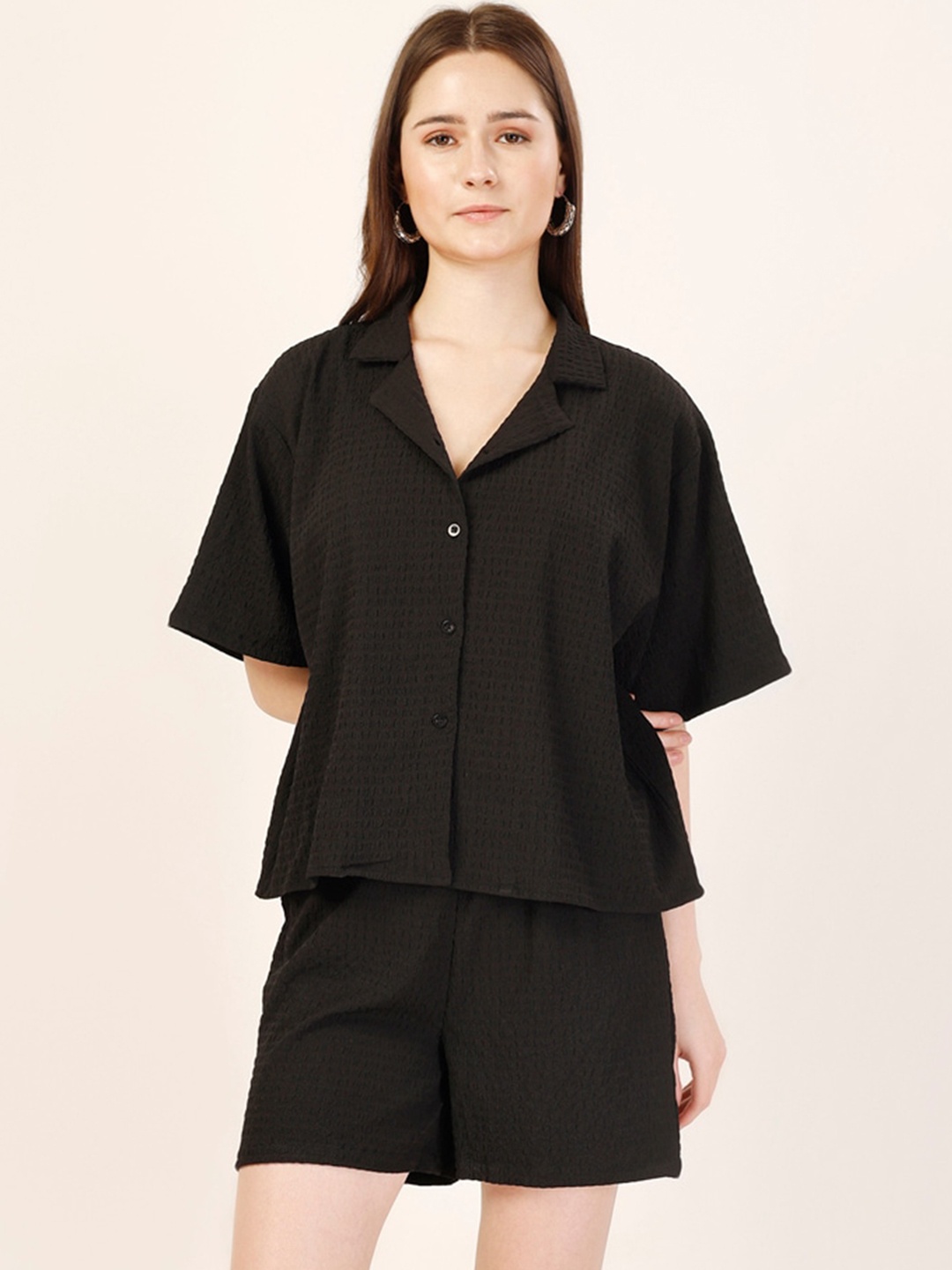 

Fashfun Lapel Collar Short Sleeves Shirt & Shorts, Black