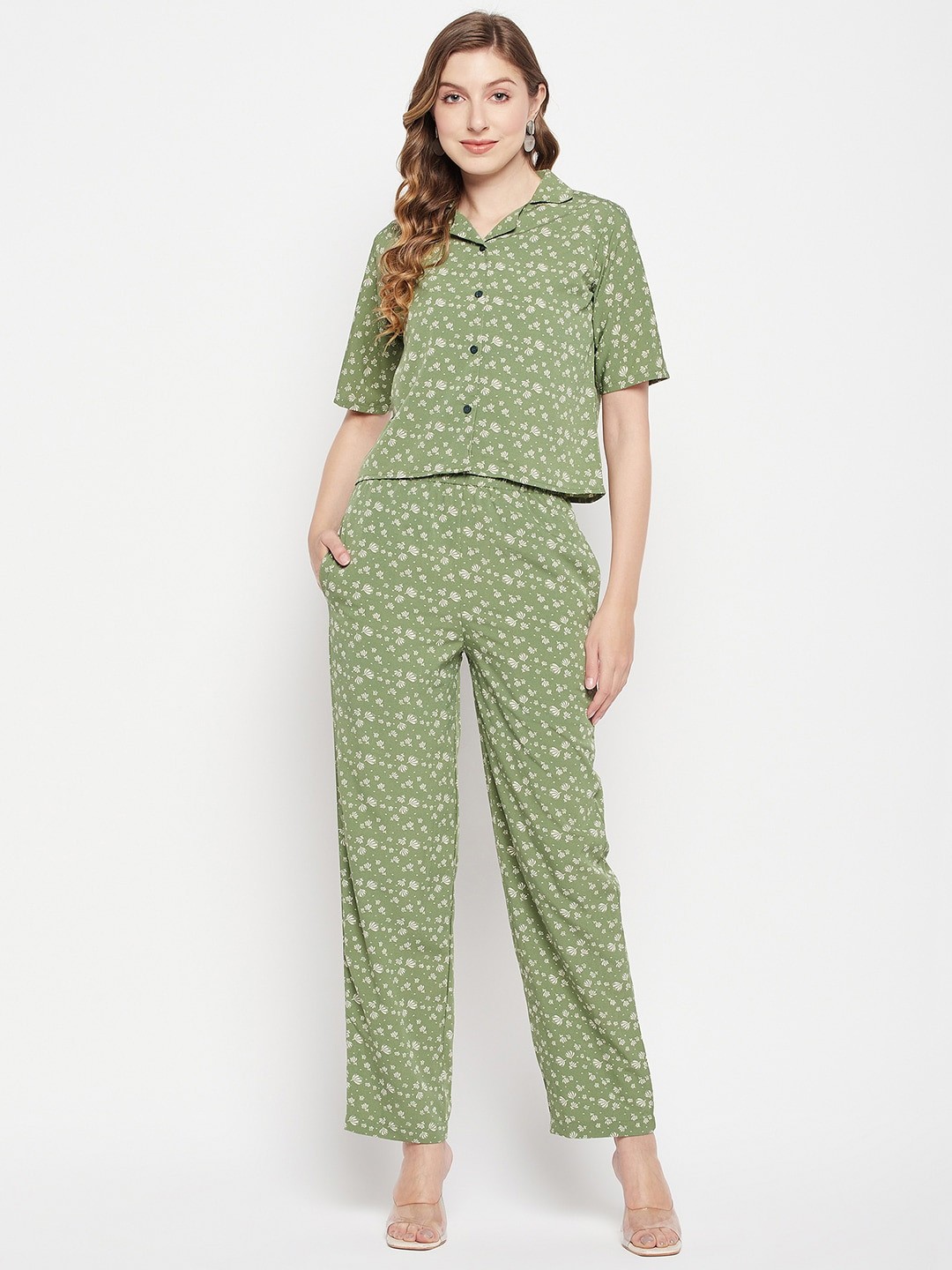 

Fashfun Printed Shirt Collar Shirt & Trousers, Green
