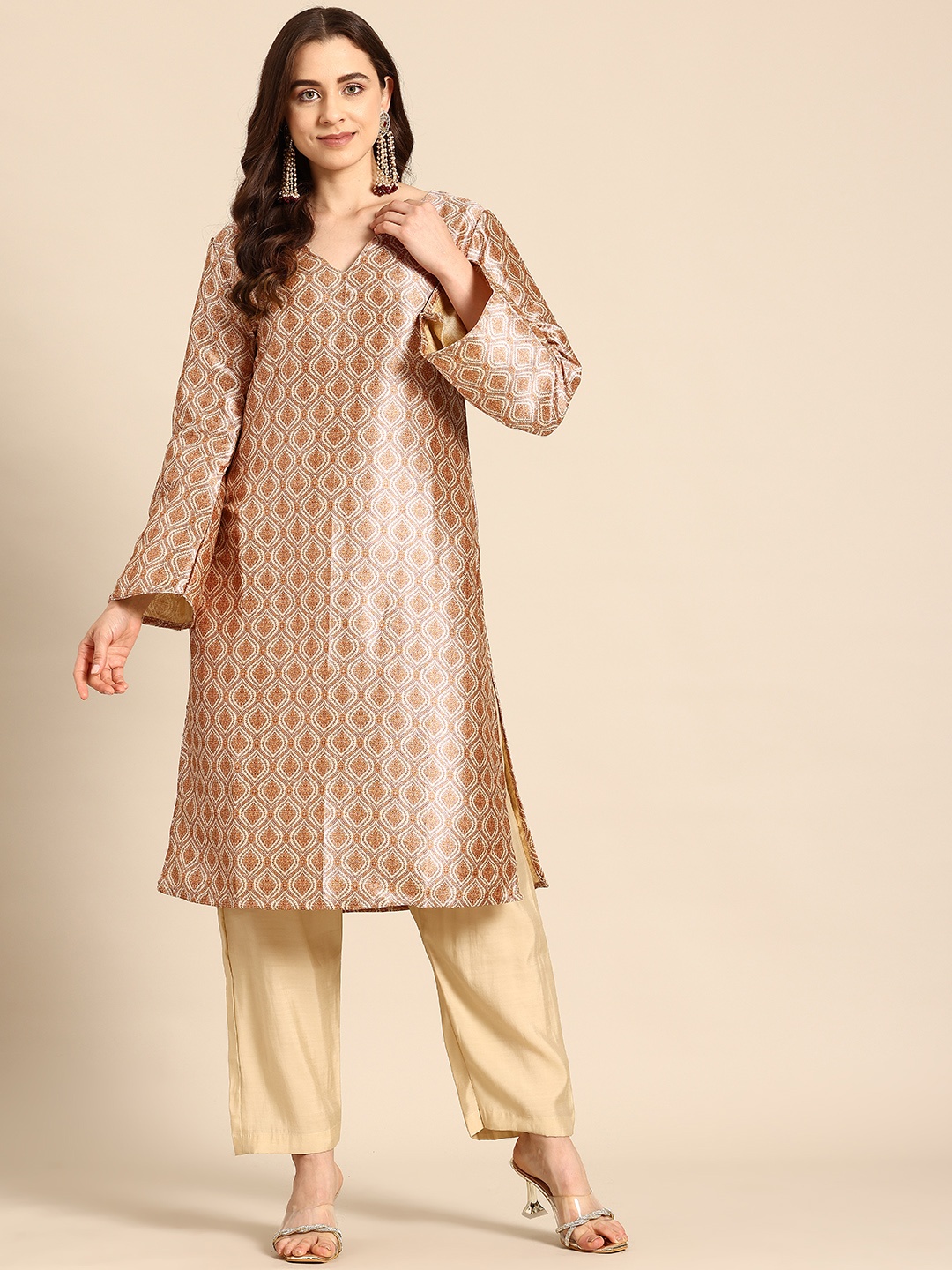 

Sayisha Ethnic Motifs Printed Regular Pure Silk Kurta with Trousers, Brown