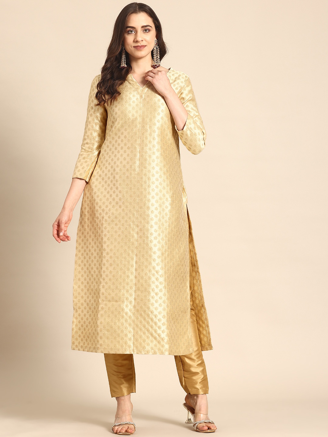 

Sayisha Ethnic Motifs Printed Regular Pure Silk Kurta with Trousers, Beige