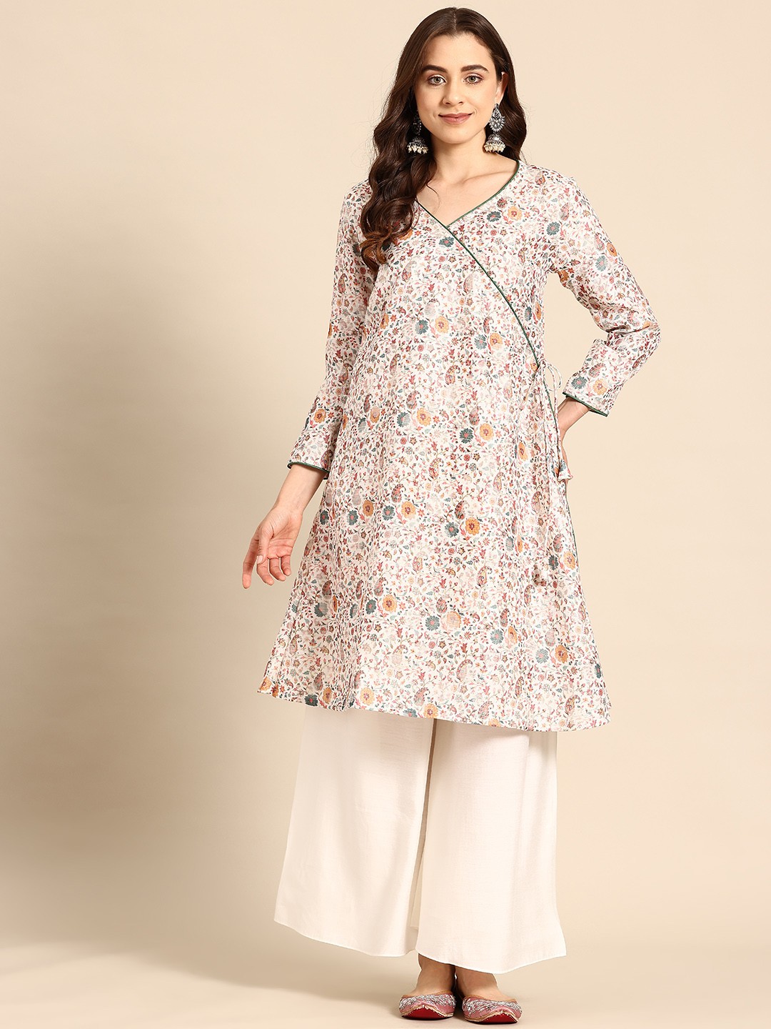 

Sayisha Women Floral Printed Angrakha Pure Cotton Kurta with Palazzos, White